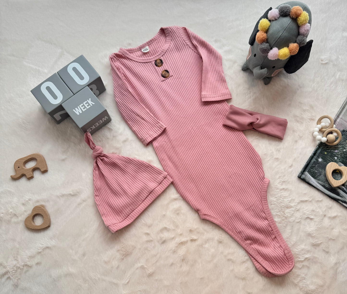 Dusty Pink Knotted gown set, 0-2 months