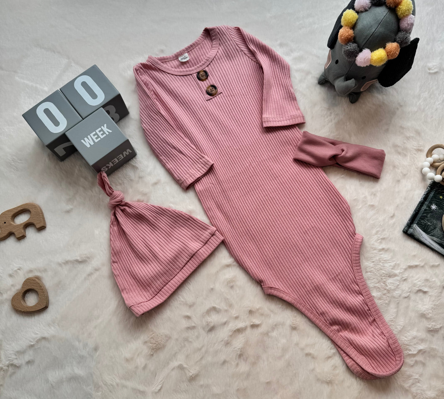 Dusty Pink Knotted gown set, 0-2 months