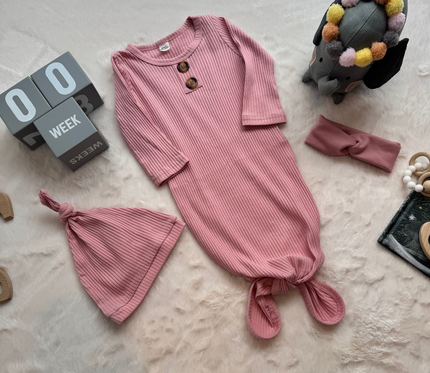 Dusty Pink Knotted gown set, 0-2 months